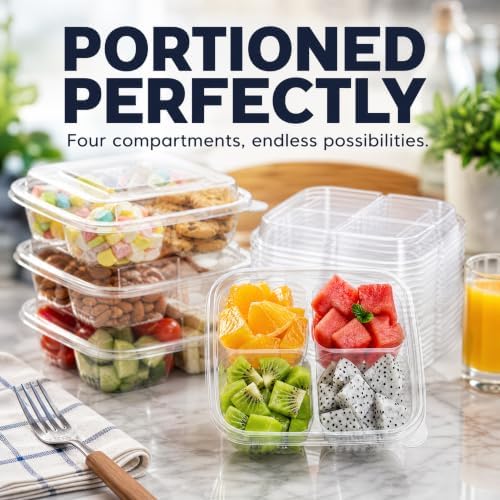 Peohud 50 Pack Clear Bento Snack Containers, 4 Compartment Food