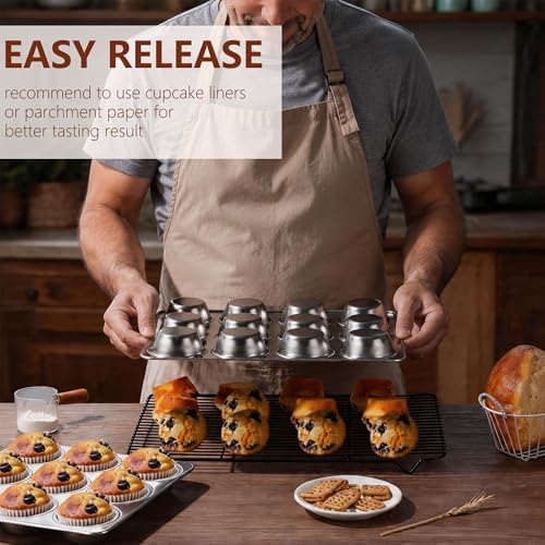 LIANYU 12 Cups Muffin Pan for Baking, 2 Pack Stainless Steel Cupcake