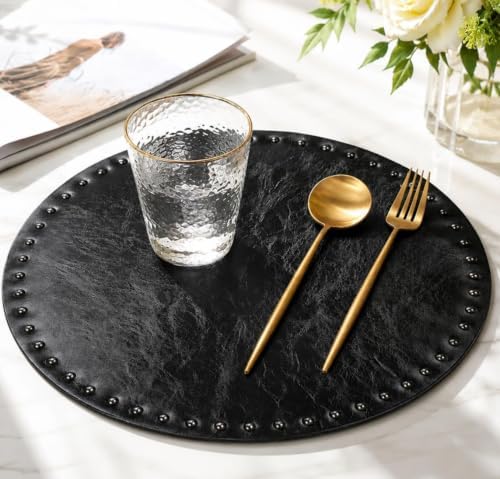 FAVE Black Faux Leather Placemats 13.78 Inches Round Placemat Set of 2