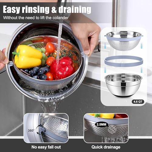 E-far Stainless Steel Mixing Bowls with Lids & Colander, 15PCS