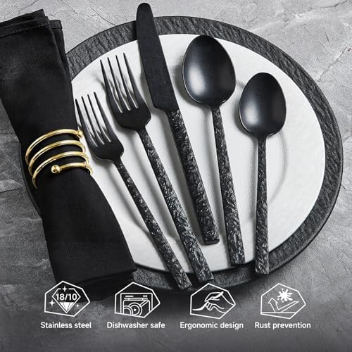 20 Pcs Black Hammered Silverware Set for 4, 18/10 Stainless Steel