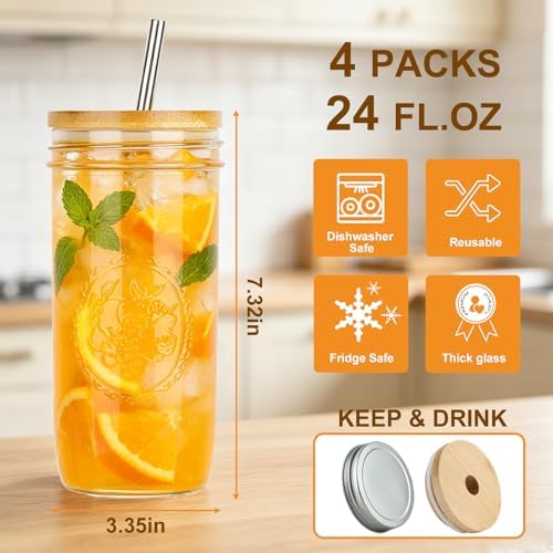 Magicsky 24 oz Glass Cups Iced Coffee Mason Jar Tumbler with Lids and