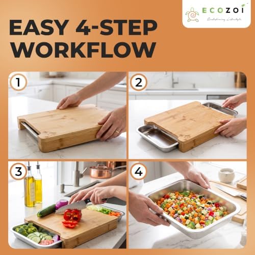 Bamboo Cutting Board by Ecozoi with 2 Slide Out Drawers. Keep Meal