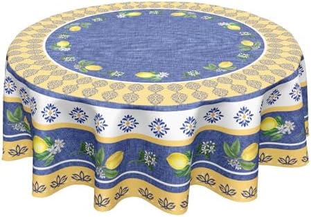 Lemon Round Tablecloth 60 Inch Blue Yellow French Country Style Fruit