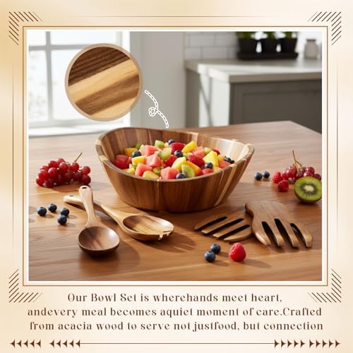 LemonRoad Wooden Salad Bowls Set 12 inch Wavy Large Acacia Wood