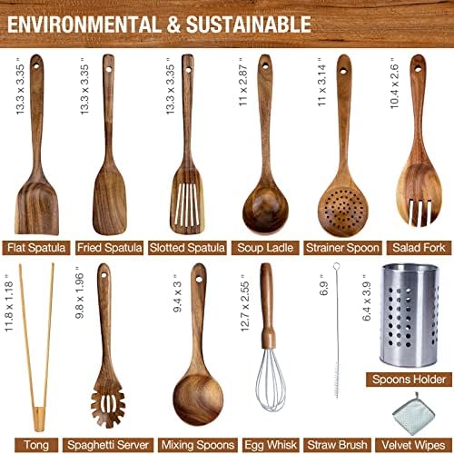 Teak Wood Kitchen Utensil Set - 11-Piece Heat-Resistant Cooking Tools