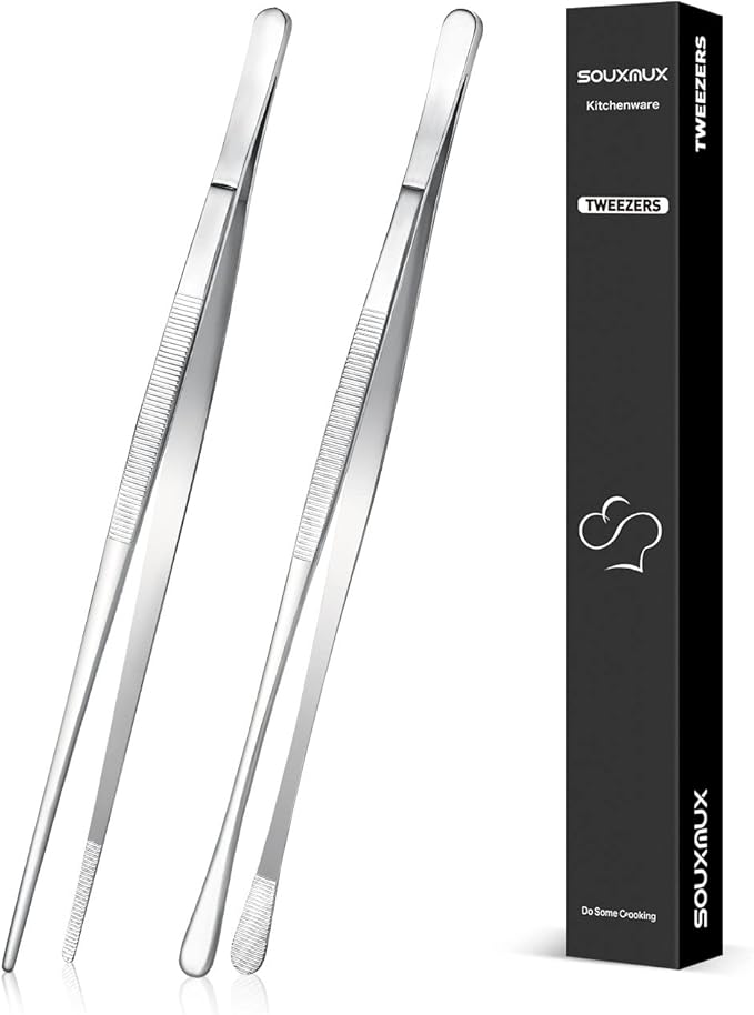 2 Pcs 10-inch Cooking Tweezers Tongs Precision Serrated Tips, Stainless Steel by SOUXMUX