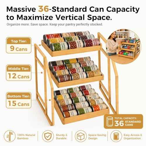 MinBoo 3-Tier Bamboo Can Organizer for Pantry - Holds 36 Cans (9/12/15) - Stackable Canned Food Dispenser with Adjustable Dividers - Gravity-Fed Rolling Storage Rack for Kitchen Cabinets