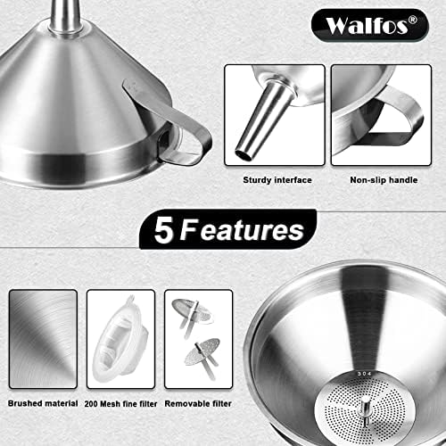 Walfos 3Pcs Kitchen Funnel with 2 Removable Strainer & 1 Cleaning
