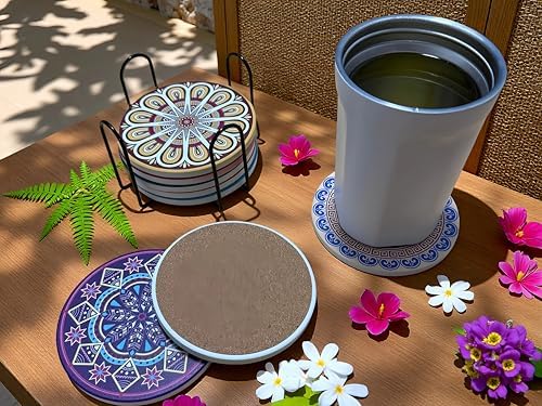 Mandala 4 Inches Round Absorbent Ceramic Coasters Set of 8, Cork Base