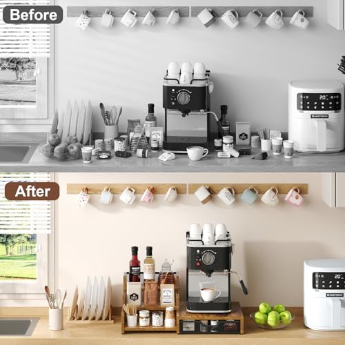 Coffee Station Organizer with K Cup Holder, 28 Pod Capacity,3-Tier Syrup Rack with Coffee Pod Holder Drawer, Coffee Bar organizer Countertop for Accessories,Rustic Brown