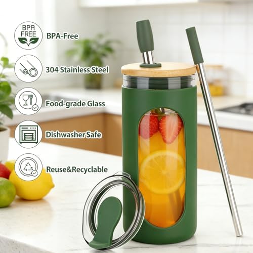 Sursip 20 oz Glass Tumbler with Lids and Straws, Iced Coffee Cups