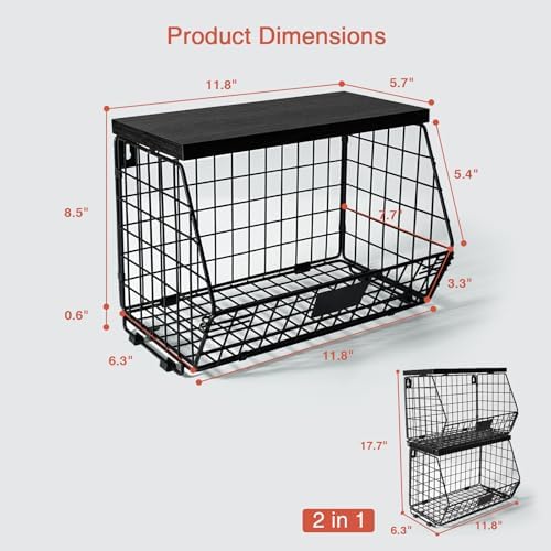 Goozii Black Kitchen Wall Hanging Storage Basket Set of 2, Rustic