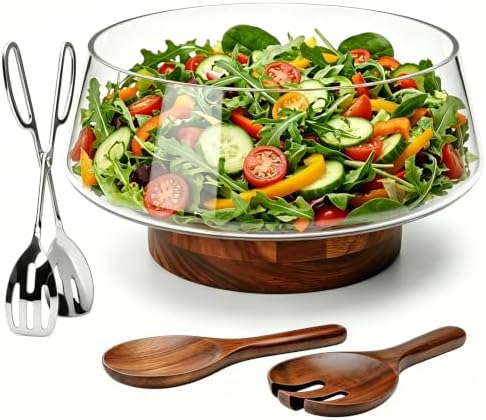 Accguan Large Glass Salad Bowl Set with Acacia Wood Base