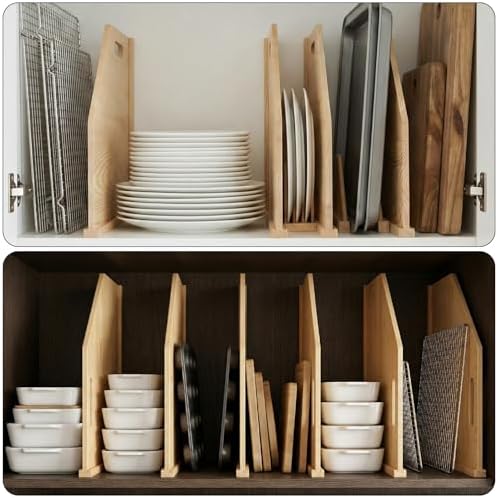 Solid Wood Tray Dividers for Cabinets, 4-Pack Baking Sheet & Cutting Board Organizer, Adjustable Cabinet Storage for Cookie Sheets, Pans and Pantry Trays