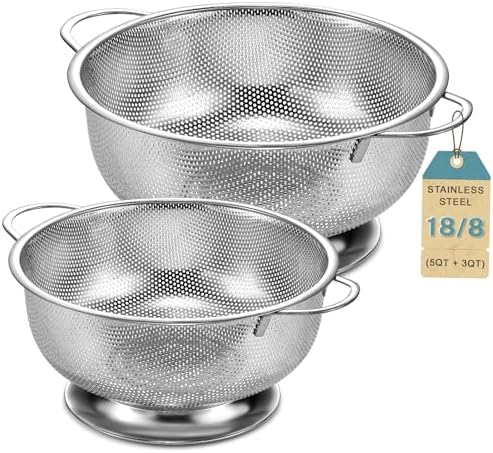 Pleafind Colander for Kitchen - 5 QT & 3 QT Stainless Steel Strainer with Handle, Kitchen Strainer Colanders Bowl for Pasta, Noodles, Spaghetti, Vegetables and Fruits, Rust-Resistant & Dishwasher Safe