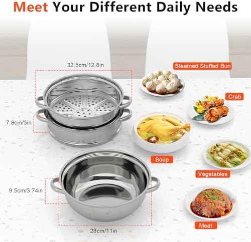 3-Tier Stainless Steel Steamer for Cooking, 28cm Multipurpose Food Steaming Cookware with Glass Lid, Dishwasher for Seafood Vegetables Rice Compatible with Gas Electric Induction & Halogen Stoves