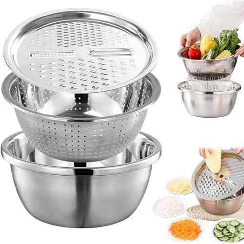 Germany Multifunctional Stainless Steel Basin,Multifunction Stainless Steel Basin with Grater 3 in 1 Vegetable Cutter for Kitchen, Vegetable Slicer Grater Strainer and Drain Basket(10.2)