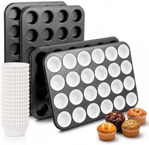4 Pack Carbon Steel Mini Muffin Pan with 1000 Mini Cupcake Liners