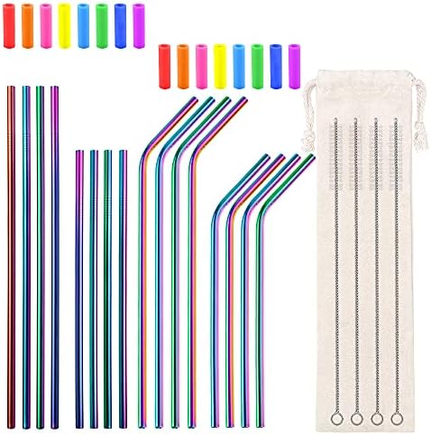 Lazycorner 16 Pcs Metal Straw Reusable 8.5" 10.5" 6mm Stainless Steel