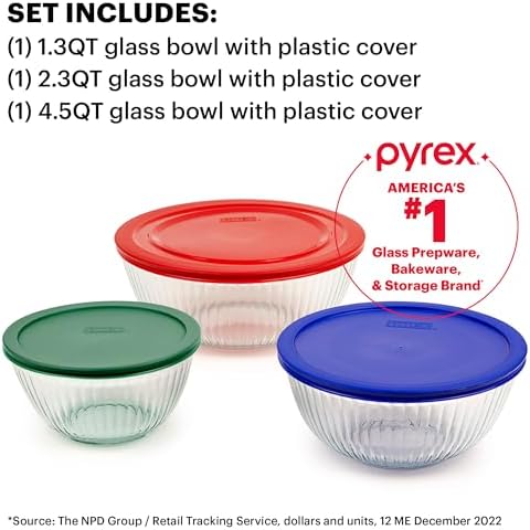 Pyrex Sculpted 3-Pack Glass Mixing Bowls with Plastic Lids