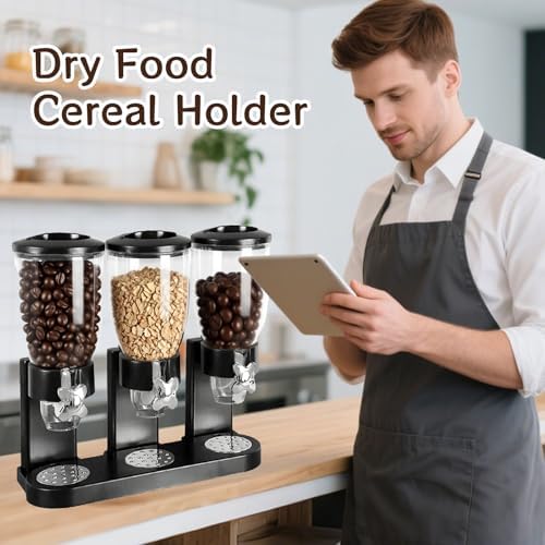 1 Pcs Triple Indispensable Dry Food Dispenser with Cup Black Cereal Storage Container 67oz Each Capacity for Kitchen Rice Nuts Cereal Snack Gumball Candy Dog Food