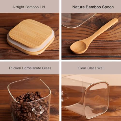 HHMJSM 6 Pcs Square Glass Jar with Bamboo Lid and Spoon - 27 oz Large