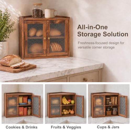 Sunhoo Corner Bread Box for Kitchen Countertop, Wooden 2-Tier Bin, Brown