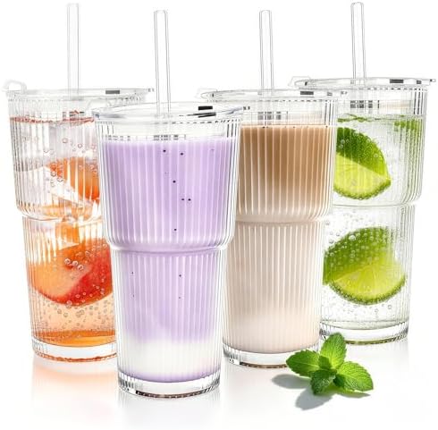 20oz Glass Tumblers with Lids and Straws, Set of 4 Iced Coffee Cups