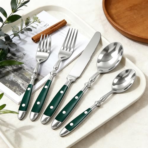 Vintage Silverware Set Service for 4, Flatware Set with Green Bakelite