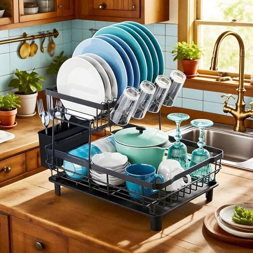 MOUKABAL 2 Tier Dish Drying Rack with Drainboard for Kitchen Counter