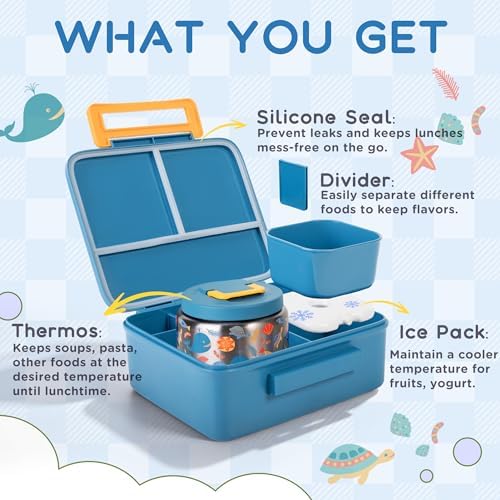 Kids Bento Lunch Box with 8oz Thermo, Ice Pack & Dividers for School