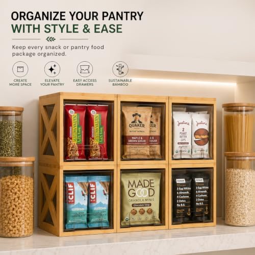Bamboo Snack & Pantry Organizer, Stackable Pull-Out Drawers, 2 Pack