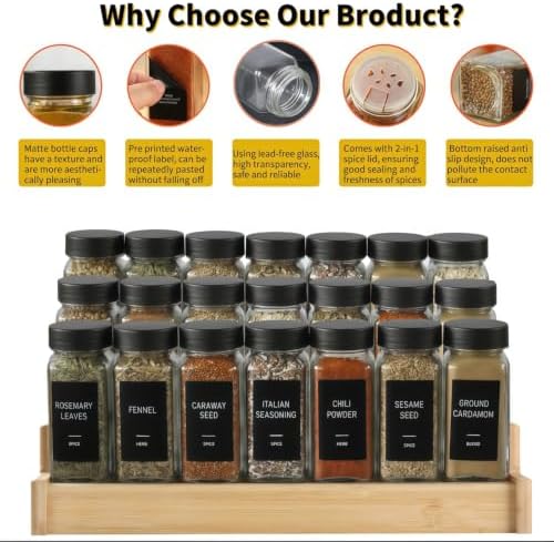 24 Spice Jars with Label, Glass Spice Bottles With Shaker Lids