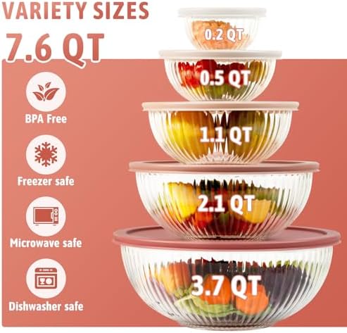 Glass Mixing Bowls with Lids, 5 PCS Set