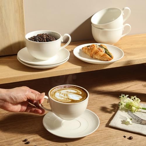 12 oz Cappuccino Cups with Saucers, Ceramic Coffee Cups Set of 4