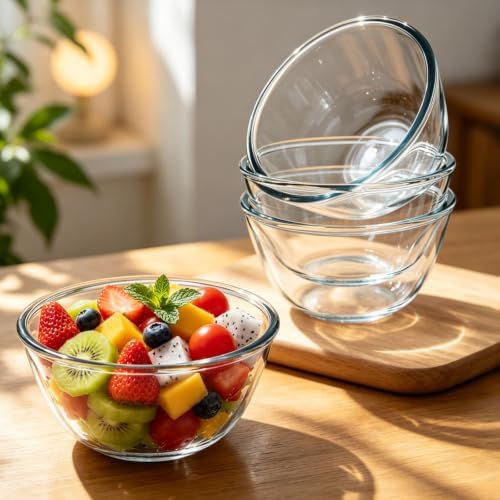 27oz Flat Bottom Glass Bowl Set of 6, 6in Clear Salad Serving Bowls