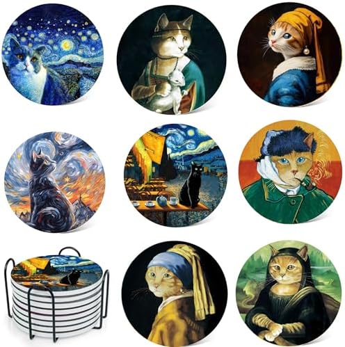 4inch Round Fun cat-Themed Marble Coaster with Storage Rack 8pcs