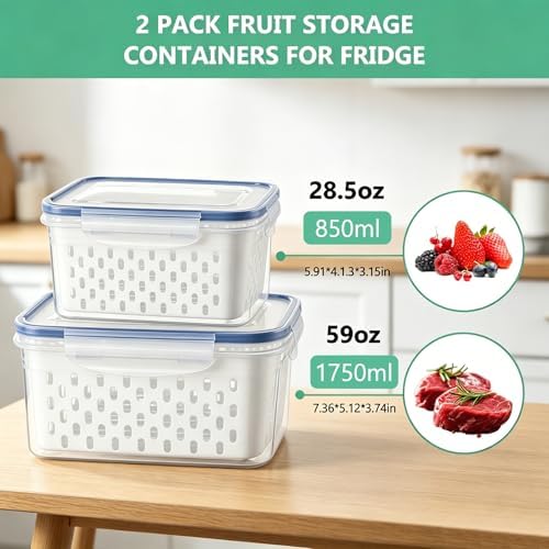 2 Pcs Fruit Storage Containers with Removable Colander & Lid