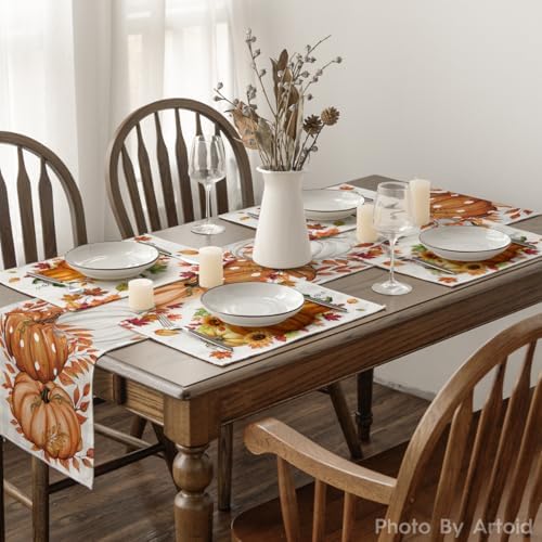 Artoid Mode Pumpkins Maple Leaves Fall Placemats Set of 4, 12x18 Inch