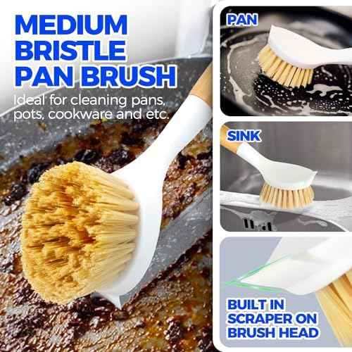 Holikme 3 Pack Dish Brush Set, Bamboo Handle, White Black