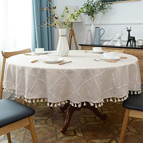 Dimatic Heavy Weight Cotton Linen Tablecloth, Plaid Tassel Round Table