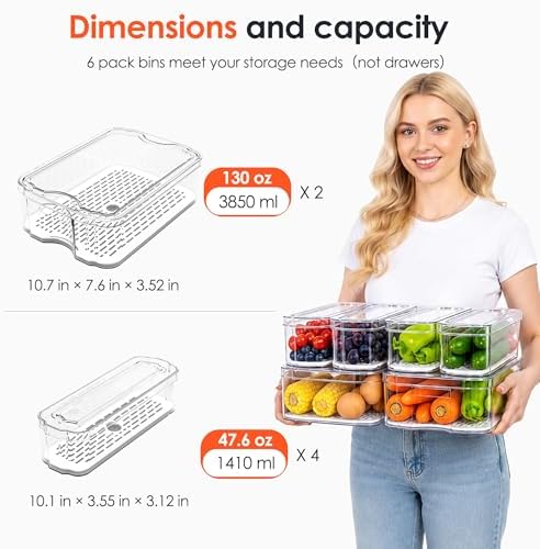 SMRCAD 6 Pack Clear Fridge Organizer Bins with Drain Trays - Stackable