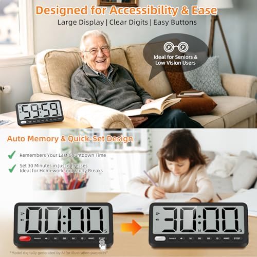 7.6'' Large Digital Kitchen Timer - 99H Countdown and Visual Light