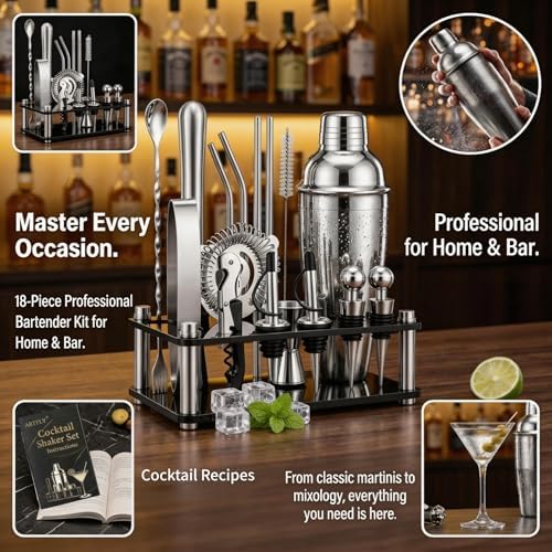 Cocktail Shaker Set, 18-Piece Bartender Kit with Stand, Bar Tool Set