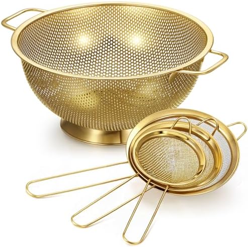 Norme 4 Quart Gold Colander and 3 Metal Fine Mesh Strainer Set