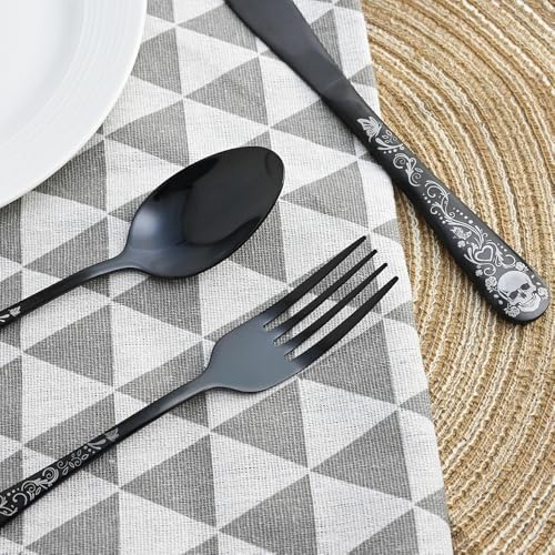 Skull Black Silverware Set for 4, 20-Piece Black Flatware Set, Gothic