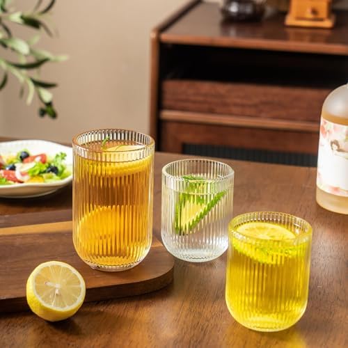 Ribbed Drinking Glasses 8pcs, Rocks Drinking Glasses 12oz and 10oz