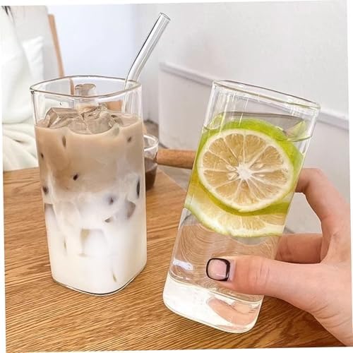 Square Glass Cups with Lids and Straws, 4Pcs Temperature Resistant