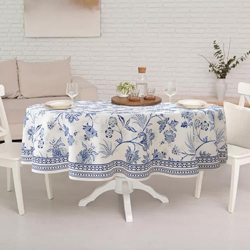Blue Floral Oval Tablecloth 60x84 Inch, Blue and White French Country